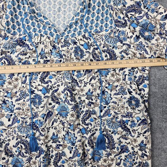 Knox Rose Dress Womens XL Blue Floral Boho Peasant Tassel Puff Sleeve Cottage - Picture 4 of 6